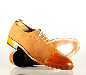 New Handmade Men's Brown Leather Suede Cap Toe Brogue Lace Up Shoes, Men Dress Formal Shoes