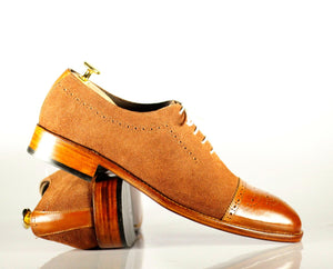 New Handmade Men's Brown Leather Suede Cap Toe Brogue Lace Up Shoes, Men Dress Formal Shoes