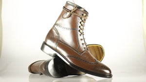 Handmade Men's Brown Leather Wing Tip Brogue Lace Up Boots, Men Ankle Boots, Men Fashion Boots