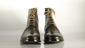 New Handmade Men's Brown Alligator Textured Leather Lace Up & Side Zipper Boots, Men Ankle Boots, Men Fashion Boots