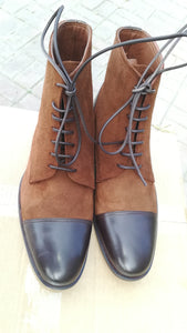 Handmade Men's Brown Leather Suede Cap Toe Lace Up Boots, Men Ankle Boots, Men Fashion Boots