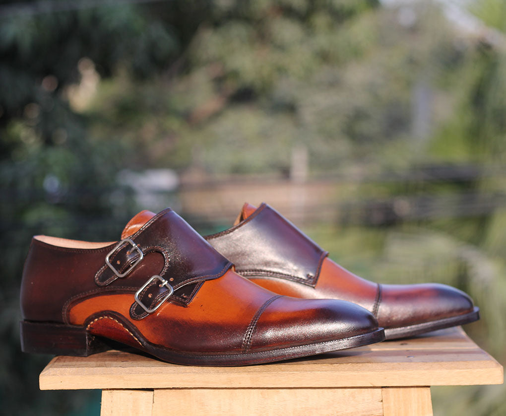 Handmade Men's Tan Brown Leather Cap Toe Double Monk Strap Shoes, Men Designer Dress Formal Luxury Shoes