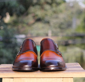 Handmade Men's Tan Brown Leather Cap Toe Double Monk Strap Shoes, Men Designer Dress Formal Luxury Shoes