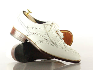 Handmade Men's White Leather Wing Tip Brogue Shoes, Men Fringes Dress Formal Shoes