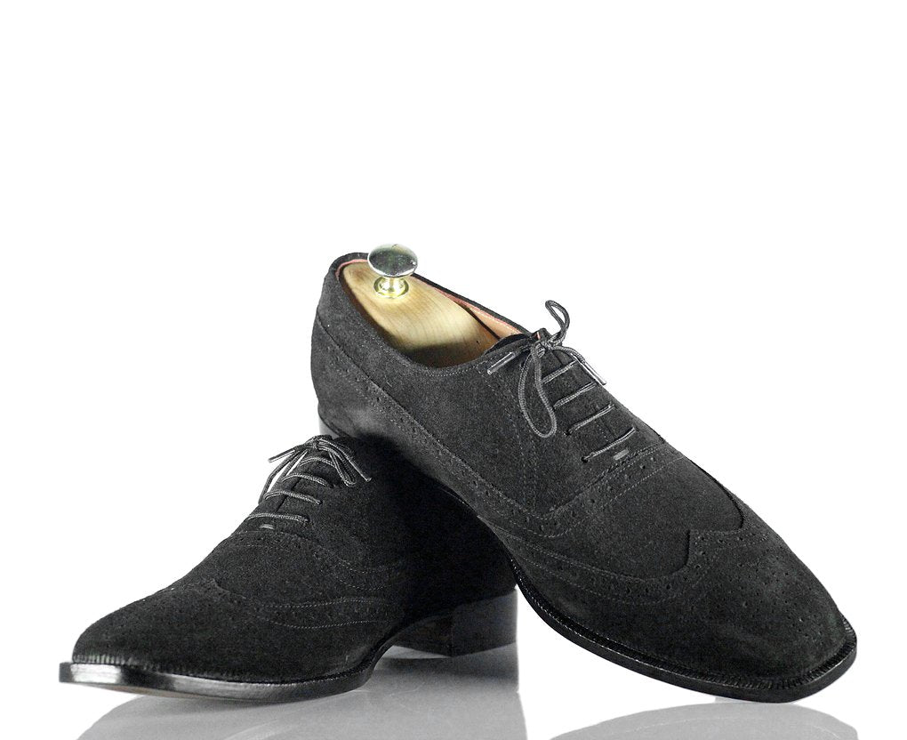 Awesome Handmade Men's Black Suede Wing Tip Lace Up Shoes, Men Dress F ...