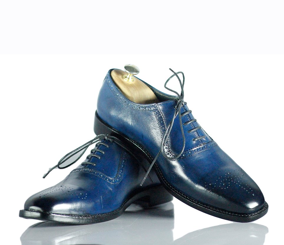 Handmade Men's Navy Blue Leather Brogue Toe Lace Up Shoes, Men Dress F –  theleathersouq