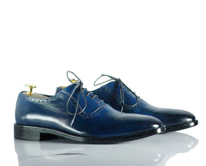 Handmade Men's Navy Blue Leather Brogue Toe Lace Up Shoes, Men Dress Formal Shoes