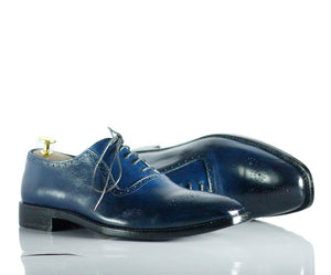 Handmade Men's Navy Blue Leather Brogue Toe Lace Up Shoes, Men