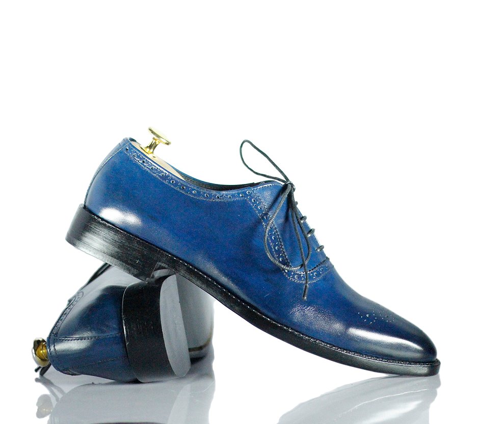 Handmade Men's Navy Blue Leather Brogue Toe Lace Up Shoes, Men Dress F ...