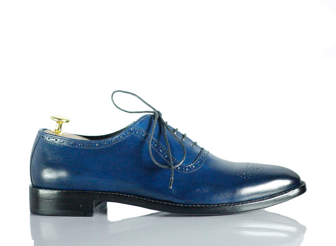 Handmade Men's Navy Blue Leather Brogue Toe Lace Up Shoes, Men Dress F ...