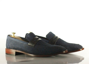 Elegant Handmade Men's Navy Suede Leather Penny Loafers, Men Dress Formal Fashion Shoes