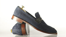 Load image into Gallery viewer, Elegant Handmade Men&#39;s Navy Suede Leather Penny Loafers, Men Dress Formal Fashion Shoes