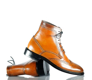 Awesome Handmade Men's Tan Brown Leather Wing Tip Brogue Lace Up Boots, Men Ankle Boots, Men Fashion Boots