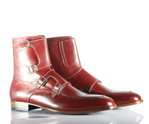 Handmade Men's Burgundy Leather Quad Monk Strap Boots, Men Ankle Boots, Men Fashion Boots