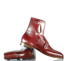 Load image into Gallery viewer, Handmade Men&#39;s Burgundy Leather Quad Monk Strap Boots, Men Ankle Boots, Men Fashion Boots
