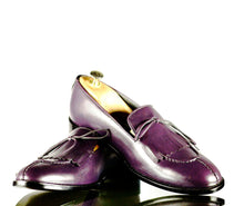 Load image into Gallery viewer, Handmade Men&#39;s Purple Leather Split Toe Fringes Loafer Shoes, Men Dress Formal Fashion Shoes