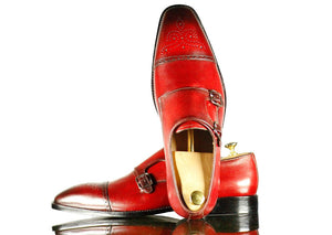 New Handmade Men's Burgundy Leather Cap Toe Brogue Double Monk Strap Shoes, Men Dress Formal Shoes