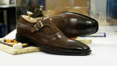 Elegant Handmade Men's Brown Leather Suede Brogue Monk Strap Shoes, Men Dress Formal Shoes
