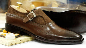 Elegant Handmade Men's Brown Leather Suede Brogue Monk Strap Shoes, Men Dress Formal Shoes