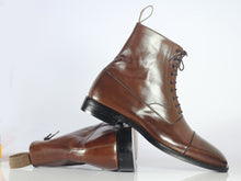 Load image into Gallery viewer, Handmade Men&#39;s Brown Leather Cap Toe Lace Up Boots, Men Ankle Boots, Men Fashion Boots