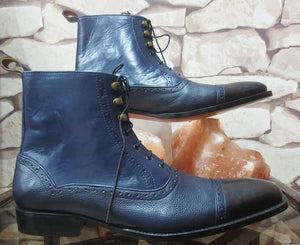 Handmade Men's Blue Black Leather Cap Toe Lace Up Boots, Men Ankle Boots, Men Fashion Boots