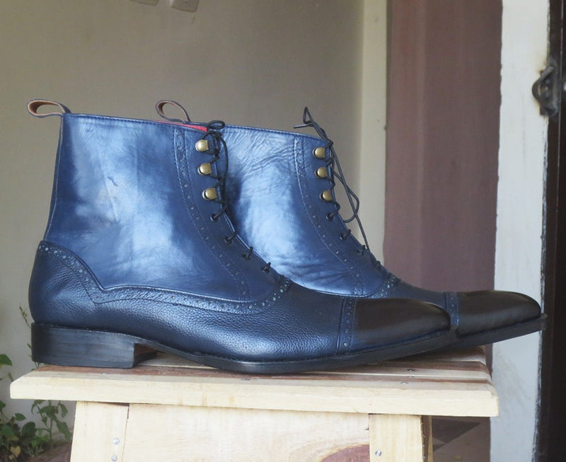 Handmade Men's Blue Black Leather Cap Toe Lace Up Boots, Men Ankle Boots, Men Fashion Boots