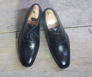 Handmade Men's Black Leather Cap Toe Brogue Lace Up Shoes, Men Dress Formal Shoes