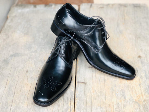 Elegant Handmade Men's Black Leather Brogue Toe Lace Up Shoes, Men Dress Formal Shoes