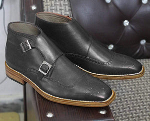 Handmade Men's Black Leather Brogue Double Monk Strap Boots, Men Ankle Boots, Men Fashion Boots