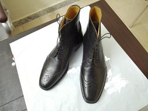 Handmade Men's Black Leather Wing Tip Brogue Lace Up Boots, Men Ankle Boots, Men Fashion Boots