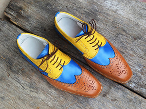 New Handmade Men's Multicolor Leather Wing Tip Brogue Lace Up Shoes, Men Dress Formal Shoes