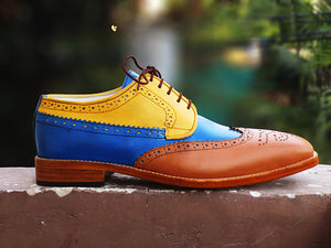 New Handmade Men's Multicolor Leather Wing Tip Brogue Lace Up Shoes, Men Dress Formal Shoes