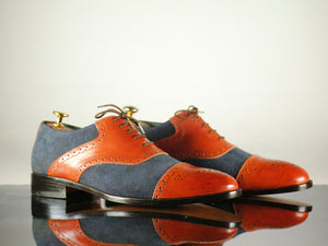 Handmade Men's Tan Navy Blue Leather Suede Cap Toe Brogue Lace Up Shoes, Men Dress Formal Shoes
