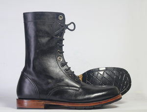 Handmade Men's Black Leather Lace Up Long Boots, Men Ankle Boots, Men Fashion Boots
