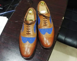 Handmade Men's Brown Blue Leather Denim Wing Tip Brogue Lace Up Shoes, Men Dress Formal Shoes
