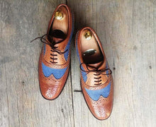 Load image into Gallery viewer, Handmade Men&#39;s Brown Blue Leather Denim Wing Tip Brogue Lace Up Shoes, Men Dress Formal Shoes