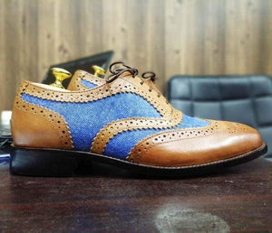 Handmade Men's Brown Blue Leather Denim Wing Tip Brogue Lace Up Shoes, Men Dress Formal Shoes