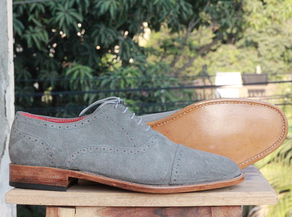 Handmade Men's Gray Suede Cap Toe Brogue Lace Up Shoes, Men Dress Formal Shoes