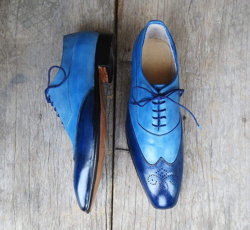 Elegant Handmade Men's 2 Tone Blue Leather Wing Tip Brogue Lace Up Shoes, Men Dress Formal Shoes
