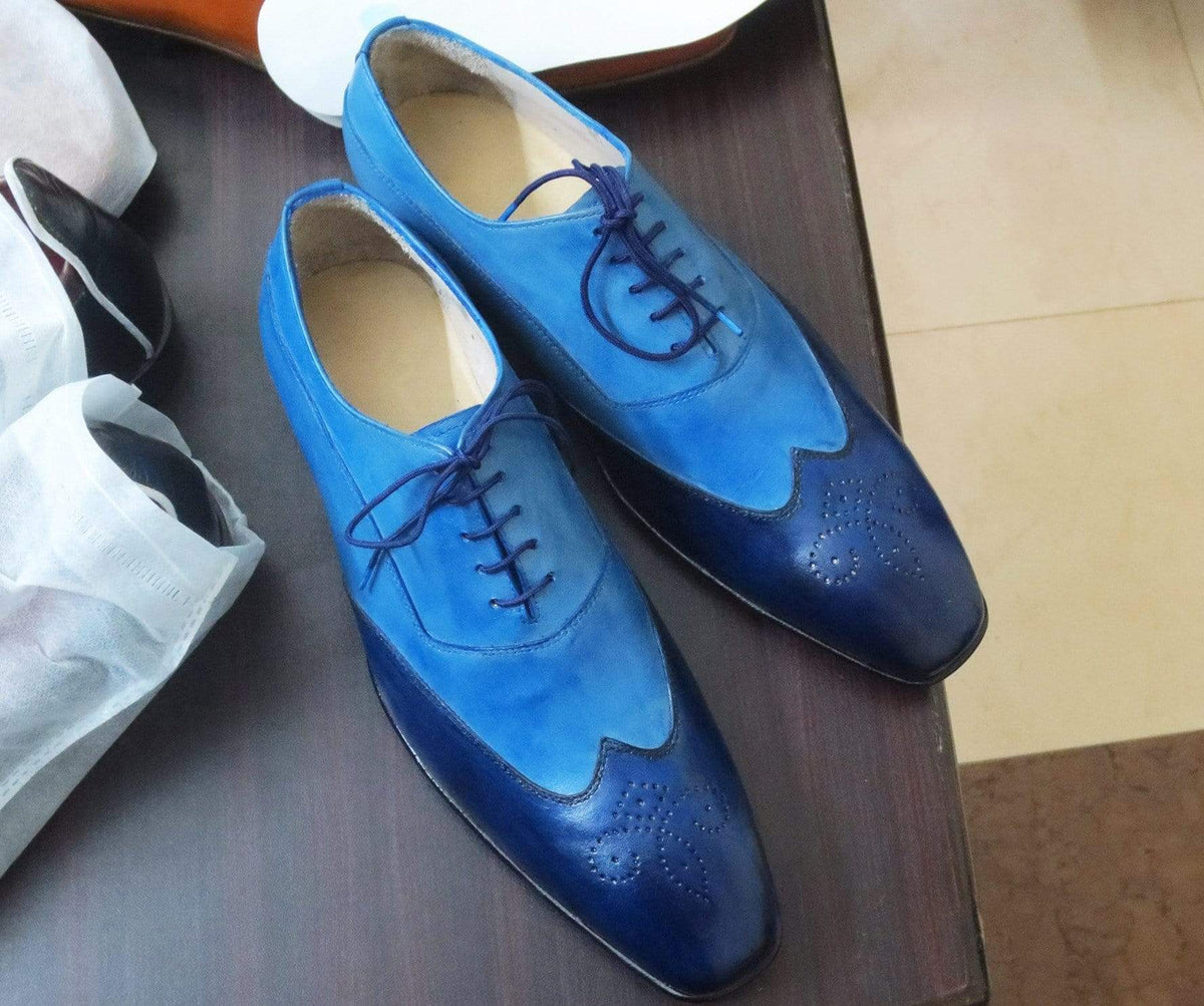 Elegant Handmade Men's 2 Tone Blue Leather Wing Tip Brogue Lace Up Sho ...