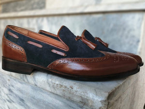 Awesome Handmade Men's Brown Blue Leather Suede Wing Tip Brogue Tassel Loafer Shoes, Men Dress Formal Shoes