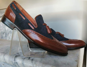 Awesome Handmade Men's Brown Blue Leather Suede Wing Tip Brogue Tassel Loafer Shoes, Men Dress Formal Shoes