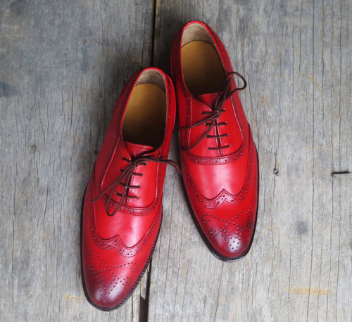 Stylish Handmade Men's Red Leather Wing Tip Brogue Lace Up Shoes, Men Dress Formal Shoes