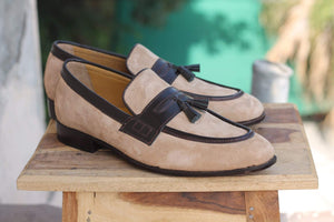Awesome Handmade Men's Beige Leather Suede Tassel Loafer Shoes, Men Dress Formal Shoes