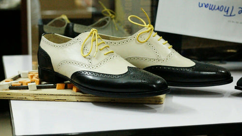 Awesome Handmade Men's Black Off White Wing Tip Brogue Leather Shoes, Men Lace up Designer Shoes