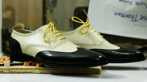 Awesome Handmade Men's Black Off White Wing Tip Brogue Leather Shoes, Men Lace up Designer Shoes