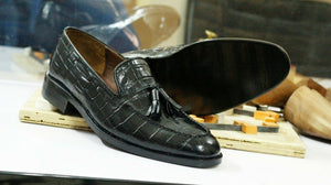 New Handmade Men's Black Alligator Textured Leather Tassel Loafer Shoes, Men Dress Formal Shoes