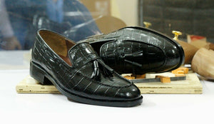 New Handmade Men's Black Alligator Textured Leather Tassel Loafer Shoes, Men Dress Formal Shoes