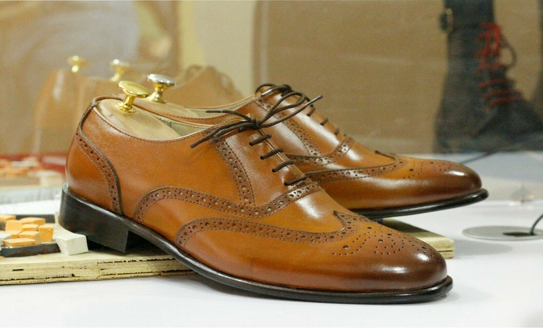 New Handmade Men's Tan Leather Wing Tip Brogue Lace Up Shoes, Men Dress Formal Shoes