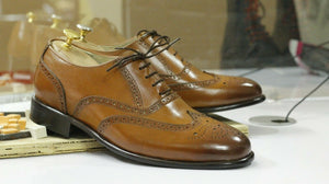 New Handmade Men's Tan Leather Wing Tip Brogue Lace Up Shoes, Men Dress Formal Shoes